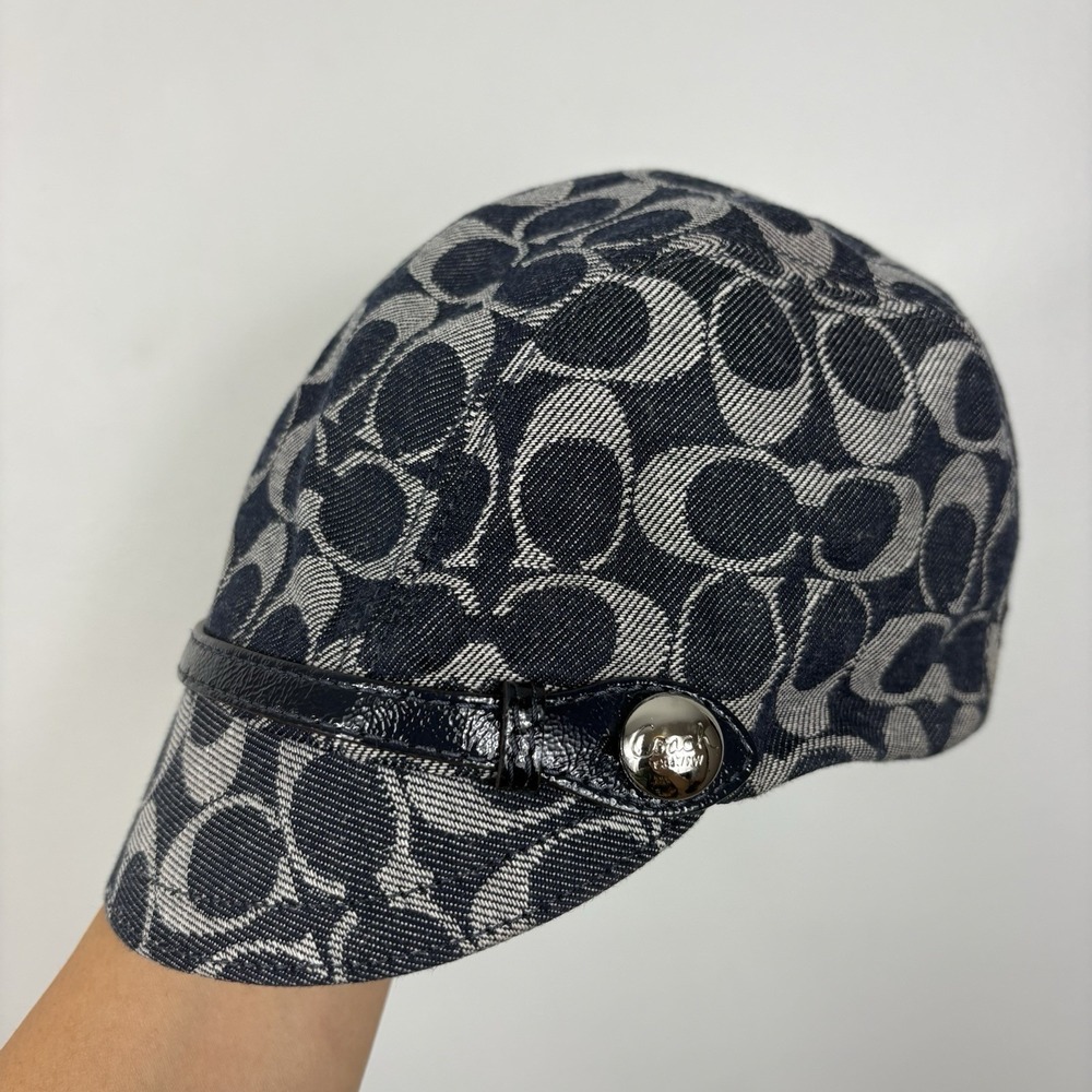 Vtg Y2K Coach Signature C Jacquard Karee Newsboy Cap Hat Size M/L Navy Gray